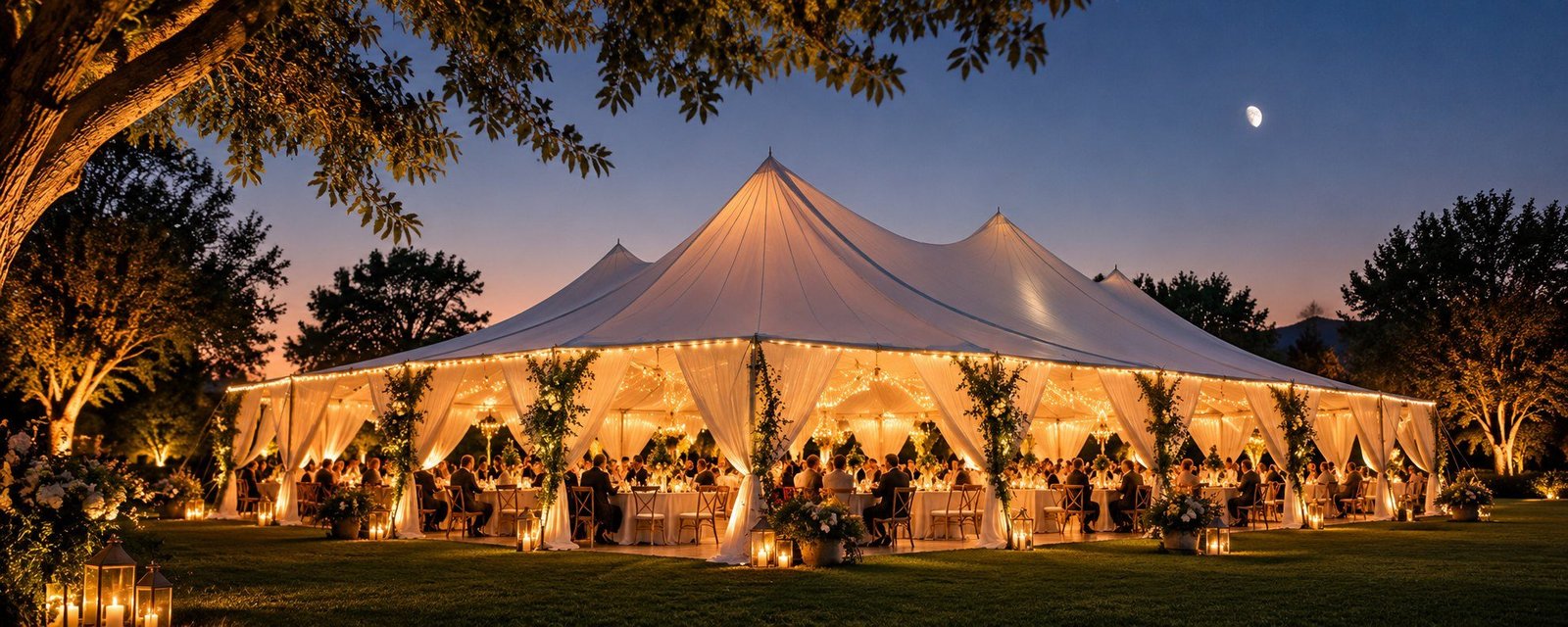 Frame tent lit with bistro lights at dusk