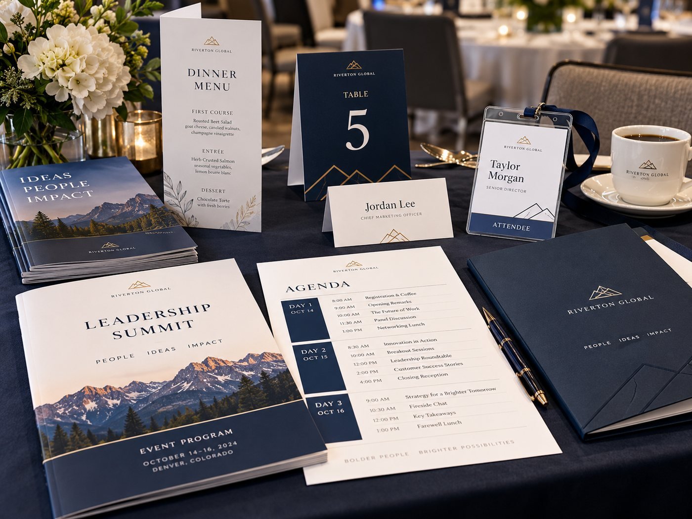 Printed menus, table numbers, programs, agendas and name badges