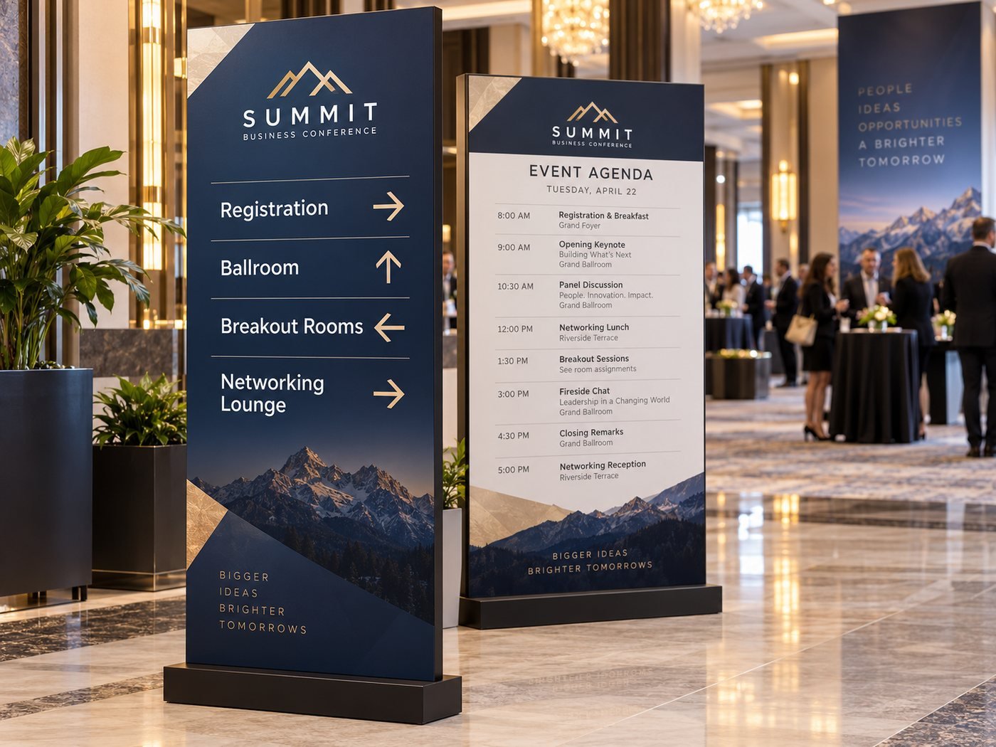 Directional signage and event agenda stands